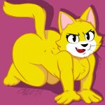  all_fours anthro ass_up breasts bulluppa butt crossgender domestic_cat fangs felid feline felis female fur hanna-barbera looking_at_viewer mammal nude pupils signature simple_background slit_pupils small_breasts smile solo top_cat top_cat_(series) yellow_body yellow_fur 