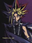  1boy artist_name bangs black_hair black_shirt blonde_hair bright_pupils cape chain chain_necklace closed_mouth collar commentary_request male_focus parted_bangs red_eyes red_hair shirt solo soya_(sys_ygo) spiked_hair upper_body watermark white_pupils yami_yuugi yu-gi-oh! 