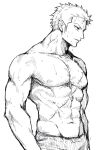  1boy abs commentary_request greyscale highres looking_away looking_to_the_side male_focus monochrome navel nipples one_piece pectorals roronoa_zoro scar scar_on_chest shirtless sketch solo sorase_(srsrs_000) sweat toned toned_male upper_body veins 