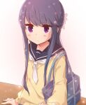  1girl artist_name atu bag beige_sweater blue_hair blue_serafuku blush eyebrows_visible_through_hair hand_on_table long_hair neckerchief purple_eyes school_bag school_uniform serafuku shima_rin shoulder_bag signature solo sparkle white_neckwear yurucamp 