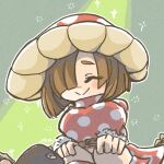  1boy 1girl artist_name bangs belt blush boku_no_hero_academia breasts brown_hair commentary_request dress fur_trim green_background hair_over_one_eye hat komori_kinoko kuroiro_shihai large_breasts long_sleeves mushroom mushroom_hat polka_dot polka_dot_dress pusshwa red_dress short_hair smile sparkle squatting symbol_commentary 