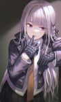  1girl absurdres bangs black_gloves black_jacket braid commentary_request cowboy_shot danganronpa:_trigger_happy_havoc danganronpa_(series) eyebrows_visible_through_hair glove_in_mouth gloves hair_ribbon hand_up highres jacket kirigiri_kyouko long_hair mouth_hold mouth_pull necktie open_clothes open_jacket pleated_skirt purple_eyes purple_hair ribbon shirt side_braid skirt solo tokkyu white_shirt 