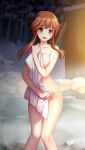  1girl bangs blush breasts brown_hair collarbone covering doukyuusei_another_world embarrassed eyebrows_visible_through_hair game_cg groin hair_between_eyes kakyuusei long_hair looking_at_viewer medium_breasts minamizato_ai night nude_cover official_art onsen open_mouth outdoors red_eyes shiny shiny_hair sidelocks solo thigh_gap towel wavy_mouth white_towel 