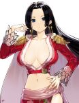  1girl absurdres black_hair blue_eyes boa_hancock breasts breasts_apart cowboy_shot earrings hand_on_hip hand_up highres jewelry large_breasts long_hair long_sleeves looking_at_viewer navel one_piece red_shirt shadow shirt simple_background snake_earrings solo takenoko_no_you white_background 