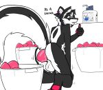  absurd_res accessory ambiguous_fluids anthro balls bucket butt colored_nails ear_piercing ear_ring egg genitals gesture headband hi_res jeremy_(topazknight) male mammal mephitid nails oviposition pawpads piercing potion raised_tail skunk solo thumbs_up topazknight 