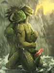  absurd_res animal_genitalia anthro anthro_on_anthro argonian bethesda_softworks chromamancer derkeethus detailed_background digital_media_(artwork) duo erection genital_slit genitals green_body green_scales hi_res looking_at_another male male/male nude outside partially_submerged penis reptile scales scalie shaded skyrim slit smile tapering_penis the_elder_scrolls touching_penis video_games water waterfall 