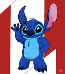  2021 3_toes 4_fingers alien anthro big_ears blue_body blue_fur blue_nose claws disney experiment_(lilo_and_stitch) feet fingers fur hi_res lilo_and_stitch lioninthesun male_(lore) notched_ear raised_hand signature smile solo stitch_(lilo_and_stitch) toes tuft 