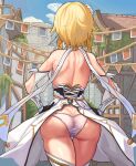  1girl absurdres ass back bare_back bare_shoulders black_gloves blonde_hair blue_sky city cloud day from_behind gauntlets genshin_impact gloves hair_ornament hands_on_hips highres loooyd lumine_(genshin_impact) outdoors panties sky solo thighs underwear white_panties 
