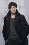  1boy beard black_hair black_jacket cheetahman_(1ddghfr78cswc) disco_elysium expressionless facial_hair goatee grey_eyes hands_in_pockets highres jacket jean_vicquemare male_focus mustache pants shirt short_hair simple_background solo t-shirt 