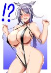  !? absurdres alternate_breast_size alternate_costume ar_(lover_boy) areolae bangs black_swimsuit blue_eyes blush braid breasts hair_flaps hair_tie highres huge_breasts kantai_collection long_hair navel nose_blush parted_bangs remodel_(kantai_collection) silver_hair single_braid slingshot_swimsuit swimsuit umikaze_(kancolle) very_long_hair 