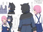  3girls alternate_costume apron arknights blue_apron blue_eyes blue_hair blue_poison_(arknights) blush closed_eyes clothes_pull commentary_request double_bun glaucus_(arknights) grey_hair gummy_(arknights) kumamoto_aichi long_sleeves looking_at_another low_twintails multicolored_hair multiple_girls pink_hair streaked_hair sweat tail translation_request twintails 