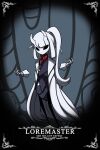  1girl absurdres arthropod_girl artist_name bangs black_horns character_name coat dated disembodied_limb english_commentary english_text full_body helltaker highres hollow_knight horns labcoat long_hair looking_at_viewer loremaster_(helltaker) open_clothes open_coat parody ponytail signature solo standing style_parody taphris white_coat 