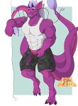  1ceberg abs absurd_res anthro arm_support bottomwear claws clothing dragon erection fur furred_dragon genitals hi_res horn humanoid leaning leaning_on_elbow male multi_tail muscular muscular_male pecs penis purple_body red_eyes scalie shirt shorts smile solo tank_top teeth topwear whiskers 