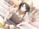  1girl apron bangs black_hair blush bottle brown_apron brown_headwear collared_shirt commentary_request cooking eyebrows_visible_through_hair food hasumi_(hasubatake39) highres holding holding_spatula indoors kitchen looking_at_viewer neckerchief original purple_eyes shirt short_sleeves smile solo spatula standing striped striped_shirt teapot white_shirt yellow_neckwear 