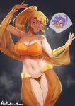  1girl aestheticc-meme alternate_costume amethyst_(gemstone) arabian_clothes arm_up artist_name ass_visible_through_thighs bandeau bangs bare_shoulders black_panties blonde_hair blue_eyes blush breasts circlet cleavage collarbone commentary cosplay dancing earrings english_commentary eyebrows_visible_through_hair gem gold grey_background hagoromo half-closed_eyes hand_up harem_pants high_ponytail highres hoop_earrings jewelry jpeg_artifacts large_breasts long_hair looking_to_the_side metroid mole mole_under_mouth motion_lines nail_polish navel nose_blush orange_nails orange_pants panties pants parted_lips revealing_clothes samus_aran see-through shantae_(character) shantae_(character)_(cosplay) shantae_(series) shawl shiny shiny_hair sidelocks signature simple_background solo_focus sparkle spirit_(super_smash_bros.) standing steam steaming_body stomach string_panties super_smash_bros. sweat teeth thought_bubble tied_hair toned underwear vambraces 