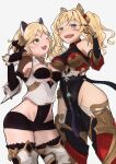  2girls absurdres armor artist_request bangs blonde_hair blush breasts brown_eyes cleavage collarbone djeeta_(granblue_fantasy) eyebrows_visible_through_hair gloves granblue_fantasy groin hair_intakes hair_ornament hairband highres long_hair looking_at_viewer medium_breasts multiple_girls open_mouth short_hair sidelocks simple_background smile thighhighs twintails white_background yuri zeta_(granblue_fantasy) 