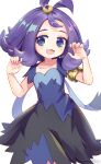  1girl :3 acerola_(pokemon) armlet bangs blue_eyes collarbone commentary_request dress eyelashes hands_up highres medium_hair meyamu multicolored multicolored_clothes multicolored_dress open_mouth pokemon pokemon_(game) pokemon_sm purple_hair shiny shiny_hair short_sleeves smile solo stitches tongue topknot white_background 