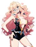  1girl bangs black_jumpsuit black_nails blonde_hair blue_eyes boots breasts cleavage collarbone commentary_request cosplay glasses hand_on_hip head_tilt heart kinako_(462) long_hair macross macross_7 macross_frontier medium_breasts nekki_basara nekki_basara_(cosplay) one_eye_closed round_eyewear sheryl_nome smile solo thigh_boots thighhighs uta_macross_sumaho_deculture v 