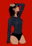  1girl arm_up black_hair black_leotard breasts copyright_request cowboy_shot cropped_legs highres leotard long_hair medium_breasts medium_hair okada_(hoooojicha) red_background shadow simple_background solo 