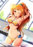  1girl arms_behind_head bikini blurry breasts brown_eyes brown_hair collarbone cowboy_shot depth_of_field dutch_angle idolmaster idolmaster_cinderella_girls kara_(color) large_breasts long_hair looking_at_viewer navel one_eye_closed ponytail side-tie_bikini soaking_feet solo swimsuit wakabayashi_tomoka water window yellow_bikini 