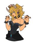  1girl bare_shoulders black_dress black_nails blonde_hair blue_eyes bowsette bracelet collar dress earrings eyebrows_visible_through_hair highres horns jewelry long_hair looking_at_viewer mario_(series) new_super_mario_bros._u_deluxe okada_(hoooojicha) pointy_ears sidelocks simple_background solo spiked_bracelet spiked_collar spikes super_crown tongue tongue_out white_background 