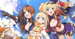  3girls bangs bare_shoulders beatrix_(granblue_fantasy) blonde_hair blue_eyes blush braid breasts brown_eyes brown_hair cleavage dress gloves granblue_fantasy hair_intakes hair_ornament hairband large_breasts long_hair looking_at_viewer mia_(world_flipper) multiple_girls navel neftim official_art open_mouth ponytail simple_background smile thighhighs twintails weapon world_flipper zeta_(granblue_fantasy) 