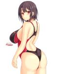  ass black_hair blush breasts competition_swimsuit dated highres kantai_collection large_breasts looking_at_viewer looking_back montemasa one-piece_swimsuit red_eyes short_hair sideboob signature simple_background smile swimsuit takao_(kancolle) white_background 