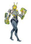  1girl absurdres breasts catball1994 dual_wielding glowing glowing_eyes head_tilt helmet highres holding holding_weapon kamen_rider kamen_rider_01_(series) kamen_rider_abaddon looking_at_viewer medium_breasts solo tokusatsu tonfa walking weapon white_background yellow_eyes 