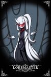  1girl absurdres arthropod_girl artist_name bangs black_horns character_name coat dated disembodied_limb english_commentary english_text full_body goggles helltaker highres hollow_knight horns labcoat long_hair looking_at_viewer loremaster_(helltaker) open_clothes open_coat parody ponytail signature solo standing style_parody taphris white_coat 