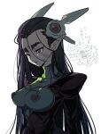  1boy 1girl alien bald bodysuit character_request colored_skin fang forehead forehead_jewel grey_skin kinako_(462) long_hair macross macross_7 one_eye_covered open_mouth pointy_ears science_fiction sivil solo_focus translation_request very_long_hair 