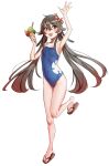  1girl absurdres armpits bangs blue_swimsuit blush breasts brown_hair flower food genshin_impact hair_flower hair_ornament highres hu_tao ice_cream kiritzugu long_hair looking_at_viewer one-piece_swimsuit open_mouth red_eyes small_breasts smile swimsuit symbol-shaped_pupils twintails very_long_hair 