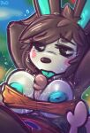  absurd_res animal_crossing anthro areola big_breasts bodily_fluids breasts carmen_(animal_crossing) dimwitdog duo erection featureless_hands female female_on_human genitals hands_behind_head hi_res human human_on_anthro interspecies lagomorph leporid male male/female male_on_anthro mammal nintendo penis rabbit sex sweat titfuck tongue tongue_out video_games villager_(animal_crossing) 
