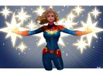  1girl belt blonde_hair breasts brown_eyes captain_marvel cowboy_shot fingerless_gloves floating_hair gloves glowing highres large_breasts long_hair marvel okada_(hoooojicha) outstretched_arms red_gloves signature solo 
