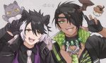  2boys :d animal_ears aragami_oga black_coat black_gloves black_hair claw_pose coat dark_skin dark_skinned_male eyepatch fangs gloves green_eyes green_neckwear highres holostars horns jackal_ears kageyama_shien male_focus mioto_(tsubsq_m) multicolored_hair multiple_boys necktie open_mouth sharp_teeth single_horn smile streaked_hair teeth upper_body virtual_youtuber white_hair yellow_eyes 