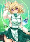  1girl ahoge artist_name blonde_hair blush breasts closed_mouth dated earrings eyebrows_visible_through_hair green_skirt heart highres jewelry large_breasts looking_at_viewer lyrical_nanoha magic magic_circle magical_girl mahou_shoujo_lyrical_nanoha mahou_shoujo_lyrical_nanoha_a&#039;s mahou_shoujo_lyrical_nanoha_strikers miniskirt purple_eyes san-pon shamal shiny shiny_hair short_hair skirt smile solo 