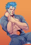  1boy abs alejandro_tio alternate_costume bara bare_pectorals bleach blue_hair bulge commentary english_commentary grimmjow_jaegerjaquez hand_on_own_neck highres male_focus muscular muscular_male open_clothes overalls pectorals short_hair solo spread_legs stomach 