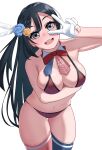  1girl :d bikini black_hair blue_flower blue_legwear blue_rose bow bowtie breast_rest breasts copyright_request cowboy_shot detached_collar feathers flower gloves grey_eyes hair_feathers hair_flower hair_ornament half_gloves hand_up head_tilt highres igarashi_kyouhei large_breasts long_hair looking_at_viewer mini_necktie mismatched_legwear navel open_mouth red_bikini red_bow red_legwear red_neckwear rose round_teeth smile solo standing swimsuit teeth thigh_gap thighhighs upper_teeth v_over_eye yellow_flower 