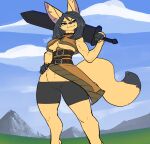  anthro belt biceps black_hair black_tail_tip blue_eyes bottomwear breasts canid canine clothed clothing cloud digital_media_(artwork) english_text female fenavi_montaro fennec feretta fox fur hair hi_res holding_object holding_weapon hotpants looking_at_viewer mammal melee_weapon mountain muscular muscular_anthro muscular_female outside shorts sky smile solo standing sword text topwear under_boob weapon yellow_body yellow_fur 
