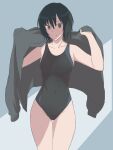  1girl amagami bangs black_hair black_jacket black_swimsuit blue_swimsuit brown_eyes collarbone competition_swimsuit cowboy_shot dressing grey_background groin hair_between_eyes hibikida1113 highres jacket jacket_on_shoulders light_smile looking_at_viewer nanasaki_ai one-piece_swimsuit short_hair solo standing swimsuit thigh_gap 