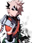  1boy absurdres aetherion ammunition_belt armor artist_name bakugou_katsuki bangs black_shirt blonde_hair boku_no_hero_academia commentary domino_mask explosive from_side grenade head_tilt highres looking_at_viewer male_focus mask parted_lips red_eyes shirt short_hair shoulder_armor sidelocks signature simple_background skin_tight sleeveless sleeveless_shirt solo spiked_hair standing strap teeth toned toned_male white_background 