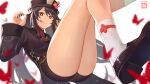  1girl 225 :p banned_artist bare_legs black_headwear black_nails black_shorts brown_hair bug butterfly chinese_clothes genshin_impact highres hu_tao insect legs long_sleeves nail_polish red_eyes short_shorts shorts smile socks solo thighs tongue tongue_out 