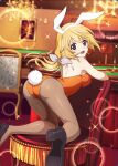  1girl all_fours animal_ears artist_request ass black_footwear blonde_hair breasts brown_legwear bunny_ears bunny_tail chair charlotte_dunois fake_animal_ears high_heels infinite_stratos lens_flare leotard long_hair looking_at_viewer medium_breasts official_art orange_leotard pantyhose playboy_bunny purple_eyes solo table tail third-party_source 