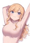  1girl arm_behind_head arm_up bangs blonde_hair blue_eyes blush breasts chiyoko_(tykchiyo) commentary_request eyebrows_visible_through_hair grey_sweater highres idolmaster idolmaster_cinderella_girls large_breasts long_hair looking_at_viewer ootsuki_yui ribbed_sweater shiny shiny_hair smile solo sweater turtleneck turtleneck_sweater upper_body wavy_hair 