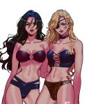  2girls bare_shoulders black_choker black_hair blonde_hair blue_eyes breasts brown_hair bustier choker copyright_request cowboy_shot eyepatch highres long_hair medium_breasts mole mole_under_mouth multiple_girls navel o-ring o-ring_top okada_(hoooojicha) parted_lips red_nails simple_background smile white_background 