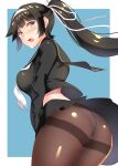  1girl animal_ears azur_lane bangs black_hair black_legwear black_skirt blush bow long_hair looking_at_viewer official_alternate_costume panties panties_under_pantyhose pantyhose pantyshot ponytail school_uniform skirt solo takao_(academy_romantica)_(azur_lane) takao_(azur_lane) thighs tokyo_yamane underwear uniform white_bow 