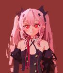  1girl black_dress buttons closed_mouth detached_sleeves dress hair_between_eyes krul_tepes looking_at_viewer no_lineart owari_no_seraph pink_hair pointy_ears red_background red_eyes red_ribbon reddizen ribbon sidelocks sketch solo two_side_up upper_body 