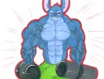  2021 abs alien anthro anthrofied big_muscles blue_body blue_fur blue_nose bulge clothed clothing disney dumbbell experiment_(lilo_and_stitch) fur genital_outline grin head_tuft hi_res huge_muscles lilo_and_stitch male muscular muscular_anthro muscular_male outline pecs penis_outline simple_background smile solo stitch_(lilo_and_stitch) tails-n-doll topless traditional_media_(artwork) tuft veiny_muscles weights white_background 