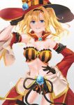  1girl absurdres angruoxin bangs blonde_hair blue_eyes blush braid breasts cleavage granblue_fantasy hair_intakes hair_ornament hairband halloween halloween_bucket halloween_costume happy_halloween hat highres jack-o&#039;-lantern large_breasts long_hair looking_at_viewer navel pumpkin purple_legwear revealing_clothes smile solo thighhighs twintails weapon witch_hat zeta_(granblue_fantasy) 