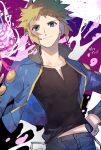  1boy blonde_hair blue_eyes blue_jacket closed_mouth commentary_request dynamax_ball energy gym_leader highres jacket light_smile male_focus open_clothes open_jacket ozisan_241 pants pokemon pokemon_(game) pokemon_dppt shirt solo spiked_hair volkner_(pokemon) 