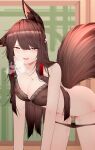  1girl absurdres akagi_(azur_lane) all_fours animal_ears azur_lane bangs bare_shoulders breasts brown_hair cleavage collarbone commentary fox_ears fox_girl fox_tail hair_tubes heart heart-shaped_pupils heavy_breathing highres in_heat kyuubi large_breasts lingerie long_hair multiple_tails narrowed_eyes open_mouth panties panty_pull pussy_juice samip sidelocks smile solo straight_hair sweat symbol-shaped_pupils tail underwear very_long_hair 